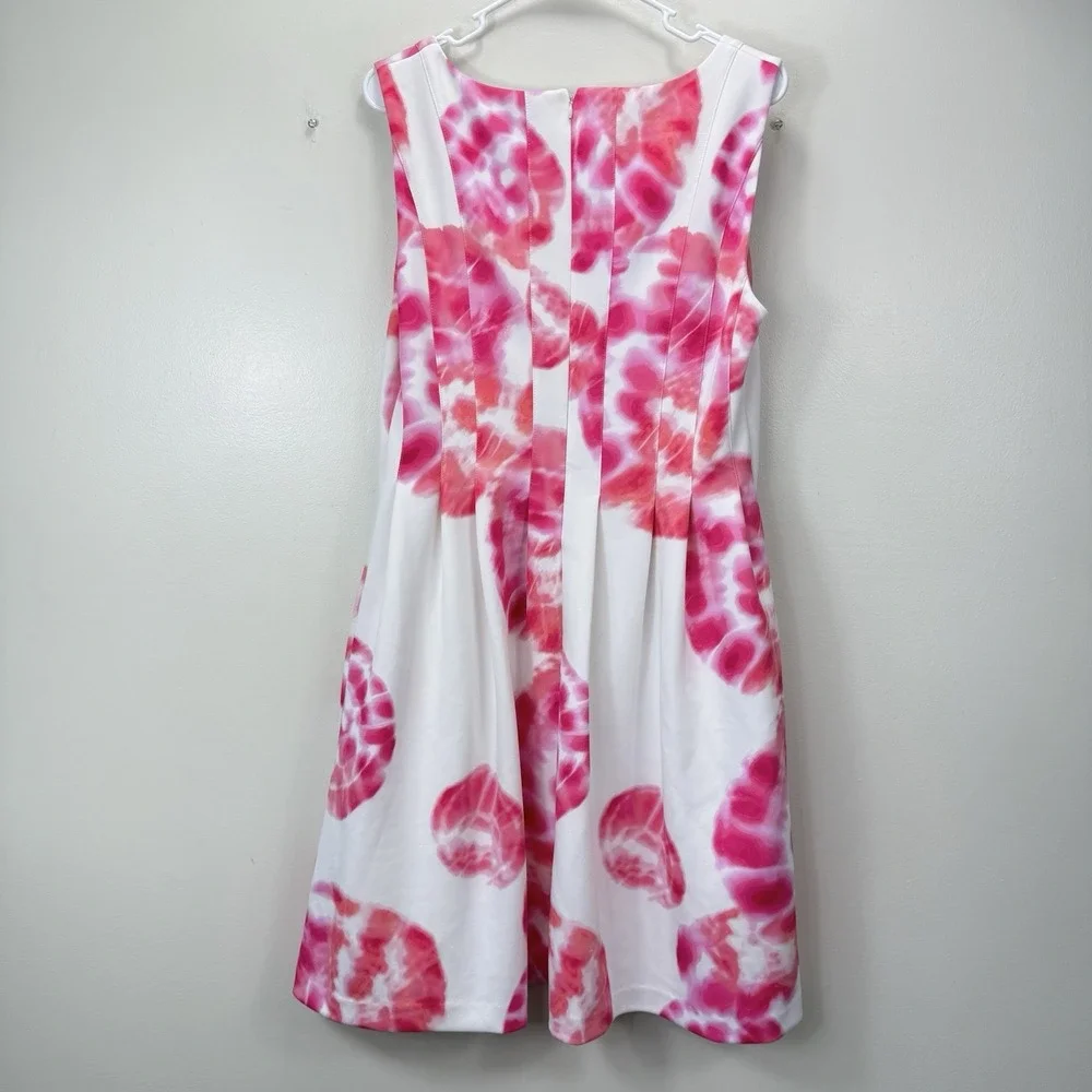 Calvin Klein Pink Tie Dye Floral Scuba Knit‎ Sleeveless Flare Dress Pockets 14